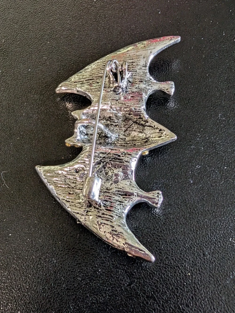 Crystal Bat Pin Brooch in Black and Light Blue